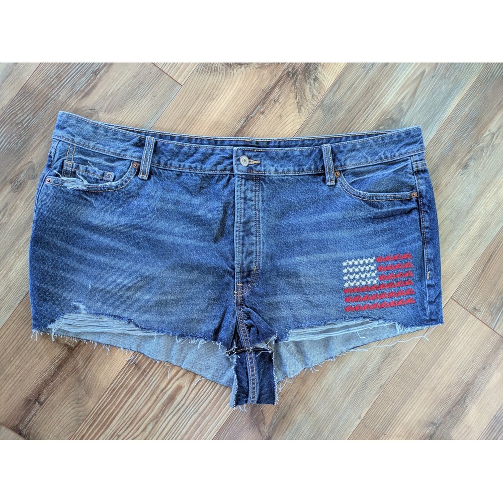 Old Navy O.G. Straight High Rise Denim Jean Cut Off USA Flag Embroidered Shorts